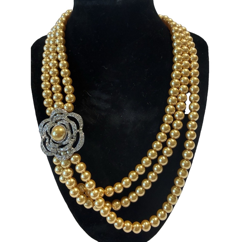 Vintage Champagne Faux Pearl 3 Strand Necklace Rhinestone Flower Statement 20"